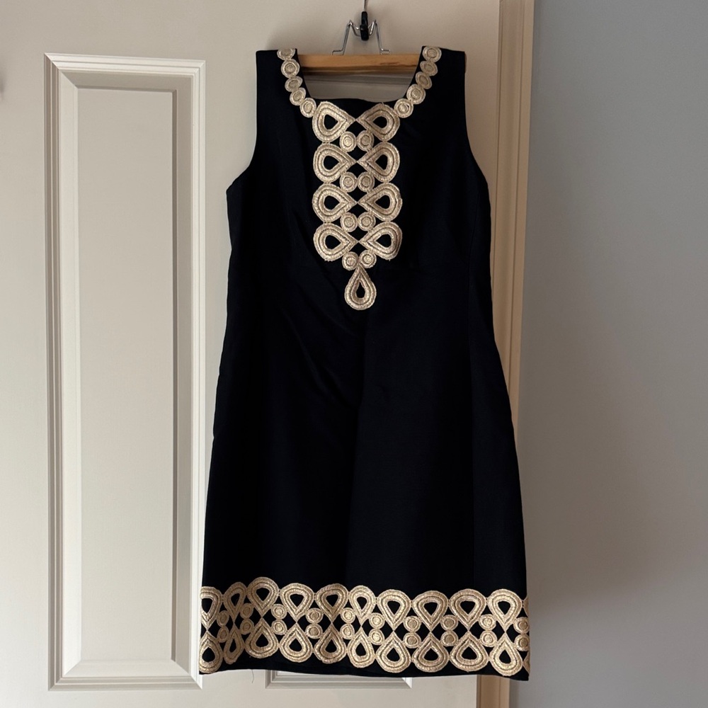Lilly Pulitzer Black Dress with Gold Accents Shift Cocktail Sz 8